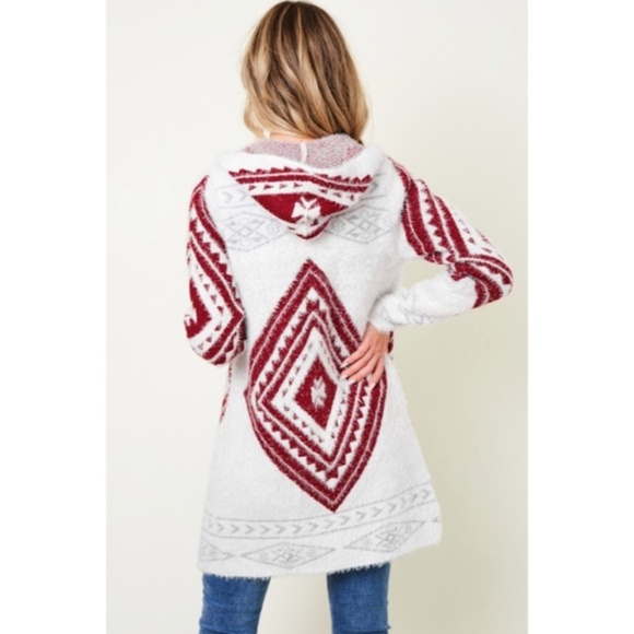 SOLD OUT Wine Fuzzy Soft Knit Long Sleeve Aztec Tribal Native Western Cardigan - Picture 2 of 9